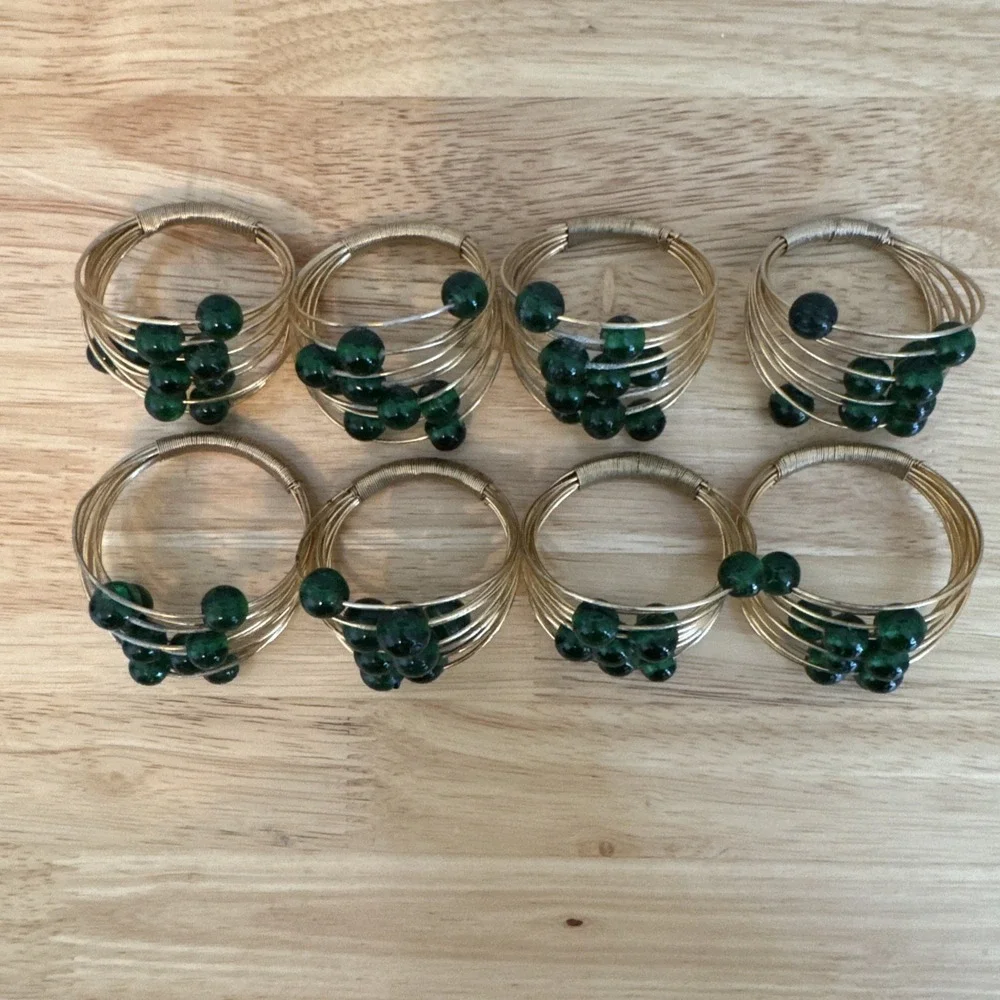 Set Up 8 Mid-Century Modern Style Gold Wire Emerald Green Beads‎ Napkin Ring